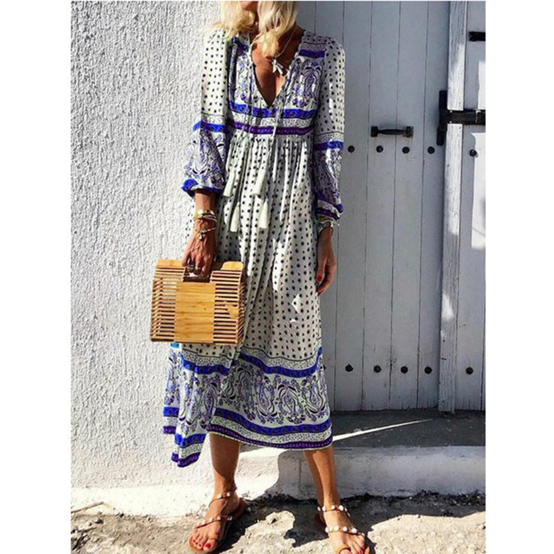 Deep V Print Long Sleeve Maxi Dress