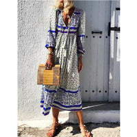 Deep V Print Long Sleeve Maxi Dress