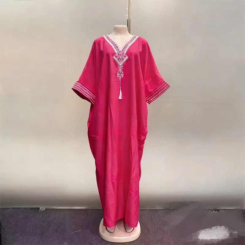 Middle Eastern Printed Abaya Women V-Neck Arab Ethnic Kaftan Muslim Maxi Dress Dubai Style Long Robe Islamic Traditional Gown