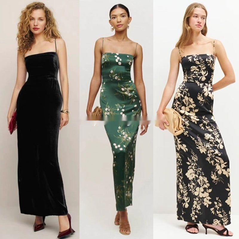 Floral Print Split Slit Silk Sleeveless Maxi Dress With Waist Tie For Women