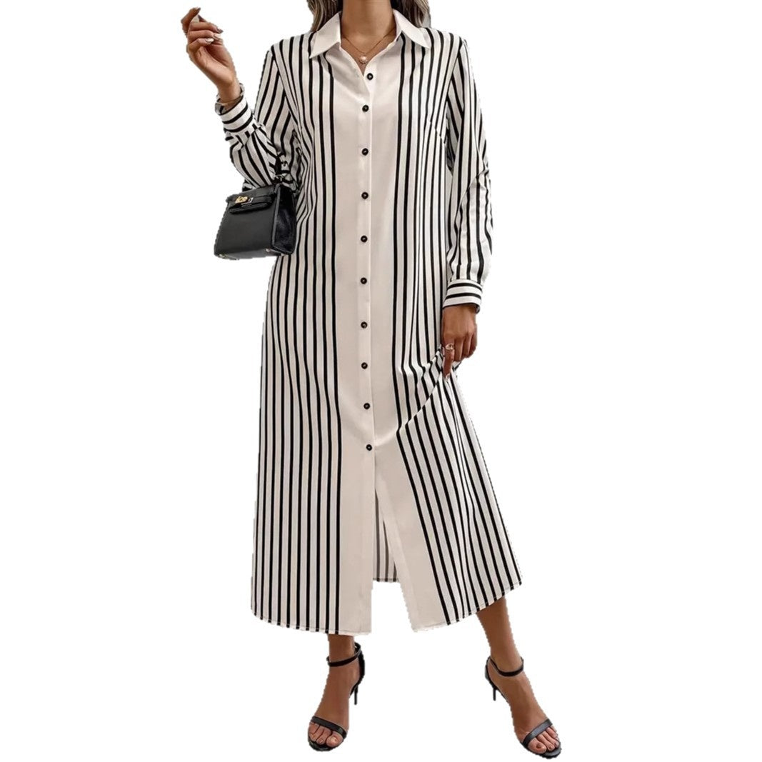 Women's Long Sleeve Striped Print Maxi Dress With Lapel