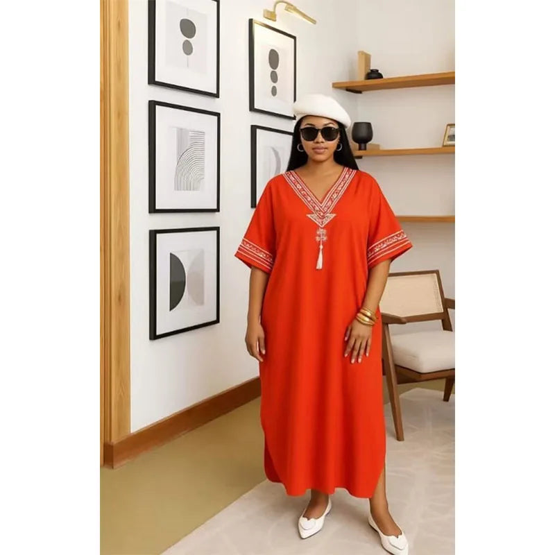 Middle Eastern Printed Abaya Women V-Neck Arab Ethnic Kaftan Muslim Maxi Dress Dubai Style Long Robe Islamic Traditional Gown