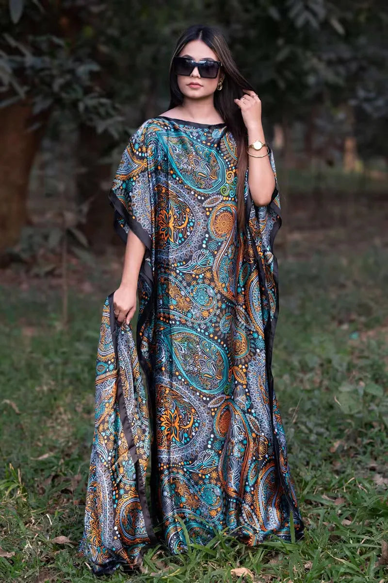 African Dresses For Women Plus Size Summer Boho Silk Printed Muslim Hijab Kaftan Dress Middle East Traditional Lady beach Abaya