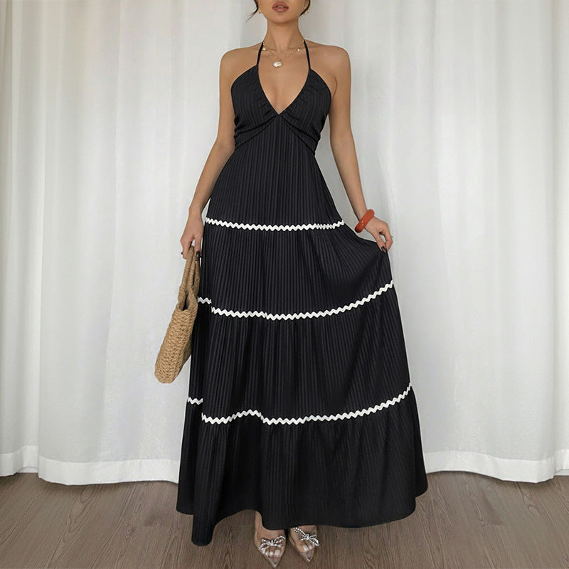 Womens Sleeveless V-Neck Halter Maxi Dress