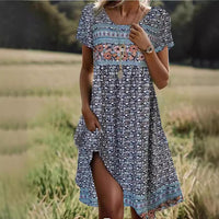 Women's Round Neck Short Sleeve Maxi Dress Bohemian Print Dress