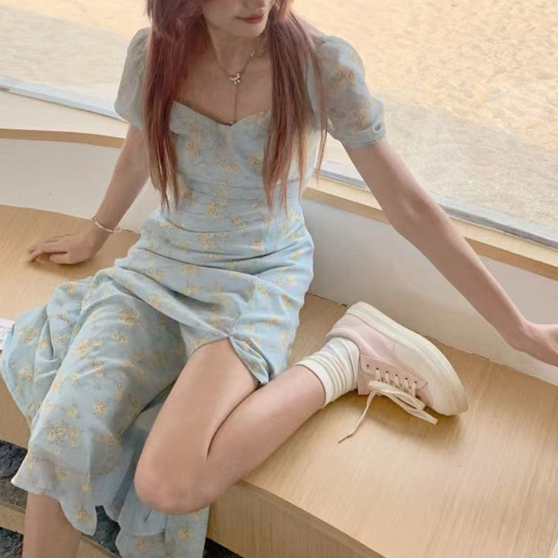 Summer Chic Square-Neck Puff-Sleeve Slit Maxi Dress