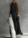 Women Strappy Maxi Dress A-line Vest Type Color Block Summer Beach Dress Loose Casual Halter Neck Pocket Side Split Long Dresses
