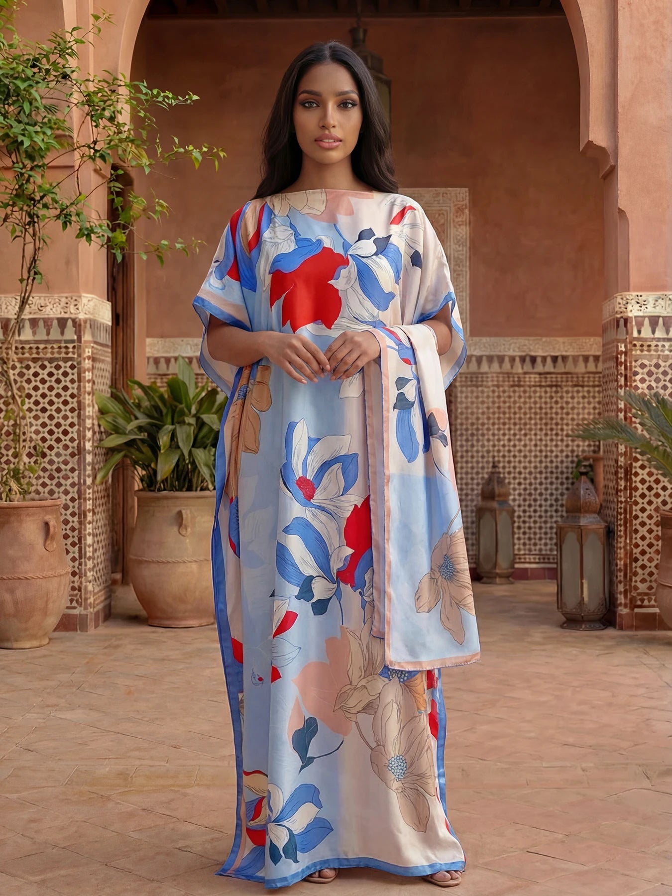 NEW Fashion Summer Dress With Big Scarf Dubai Turkey Kaftan Muslim Loose Abaya Women African Casual Leopard Print Shawl Robe