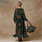 Retro Silhouette-printed Green Faux-suede Fringed Maxi Dress