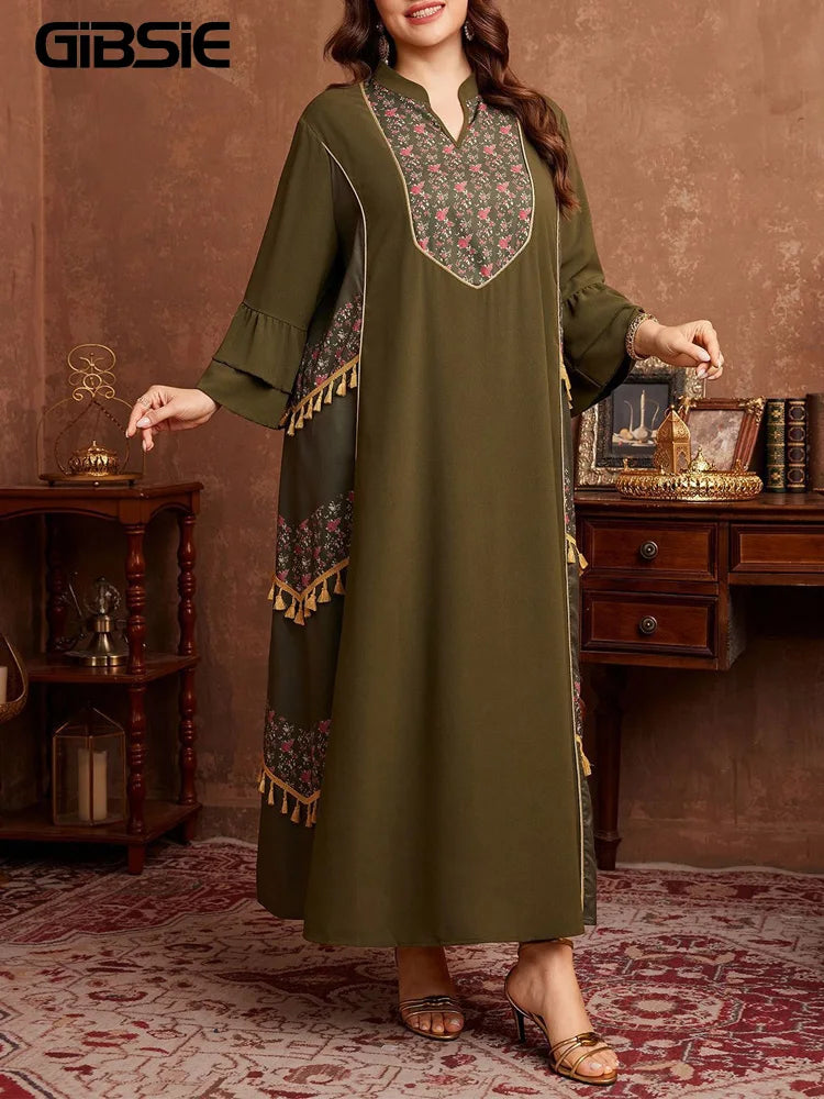 GIBSIE Plus Size Ethnic Style Print Tassel Abaya Dress Women Spring and Autumn Flared Sleeve Boho Loose Maxi Dresses 2026 New