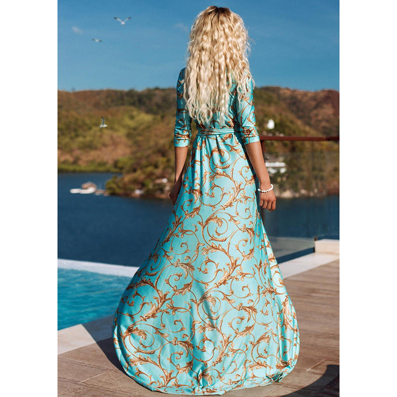 Dress mid sleeve v-neck mopping maxi skirt