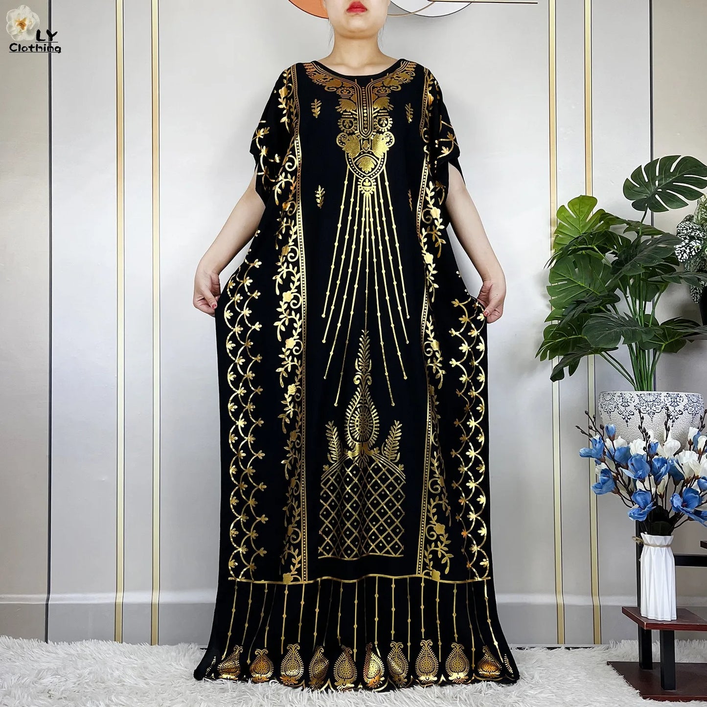 New ALFO  Muslim Summer Short Sleeve Robe Gold Stamping Boubou Maxi Women Femme Loose Dress With Big Scarf African Abaya Clothes