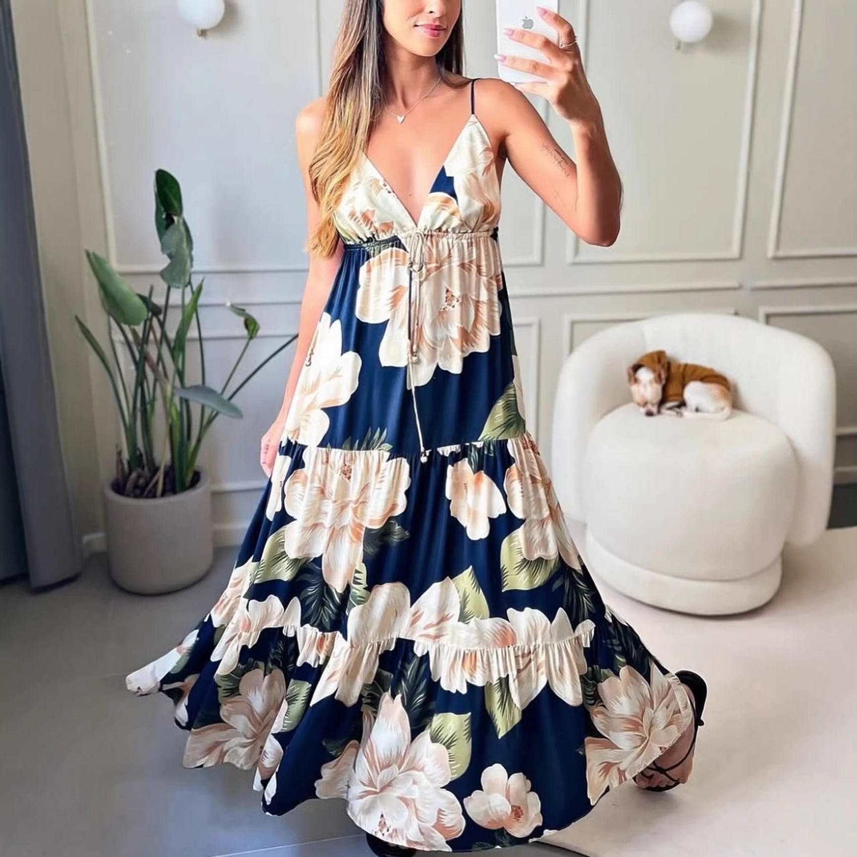 Strapless Waist-cinching Maxi Dress With A Flared Skirt And Floral Print