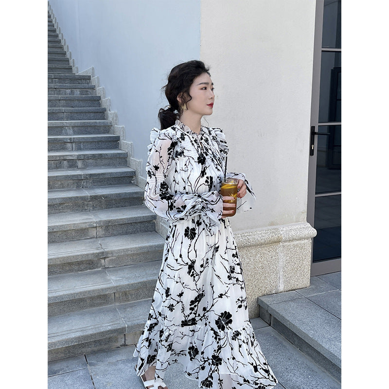 French Floral Dress With Ruffled Chiffon Maxi Skirt