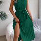 Women's Elegant Stand Collar Sleeveless Tie Waist Pleated Maxi Dress