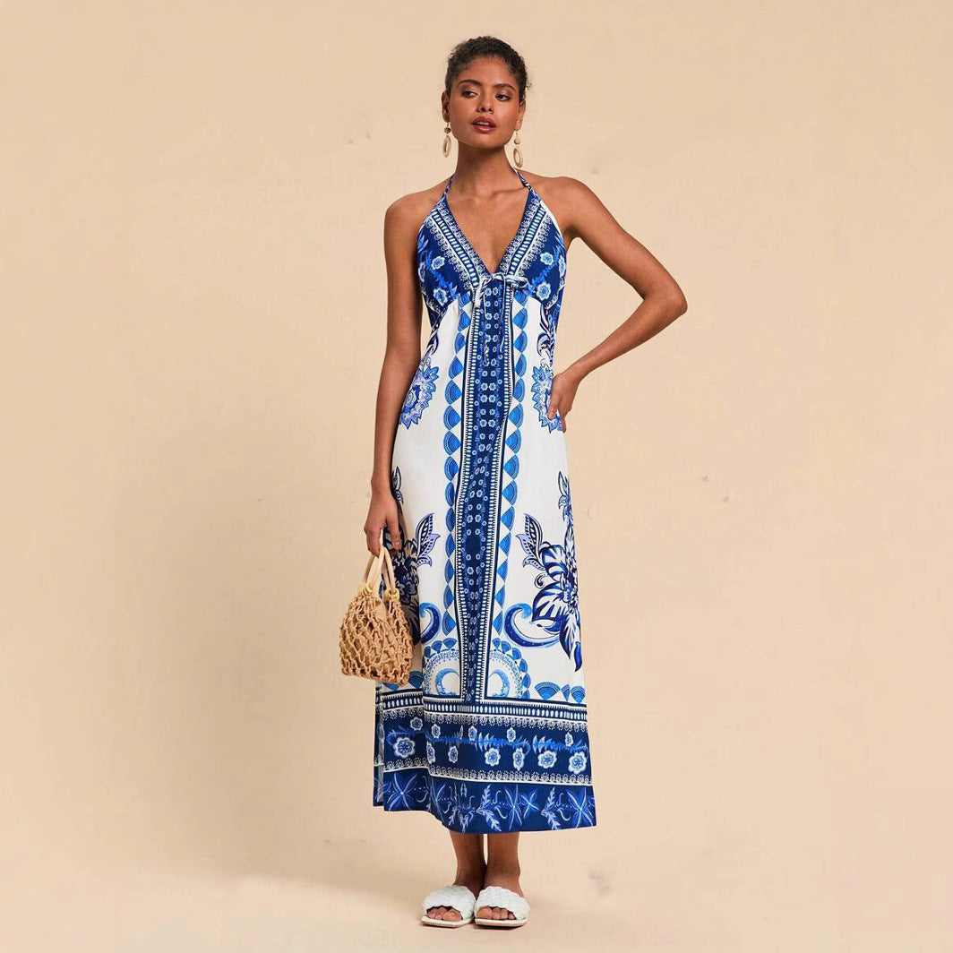 Womens Woven Printed Backless Halter Maxi Dress For Vacation