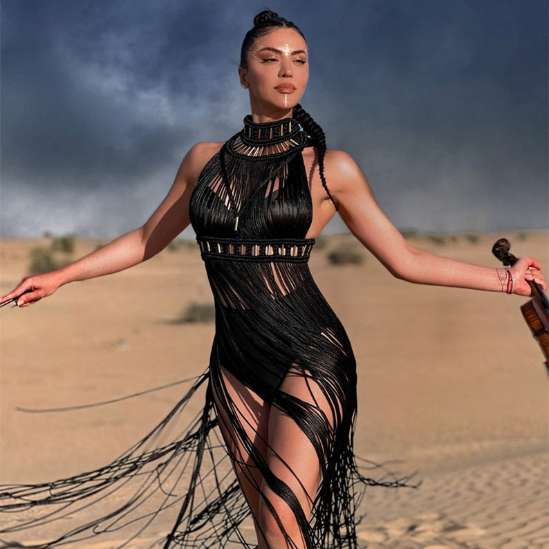 Womens Elegant Vintage Handwoven Tassel Maxi Dress