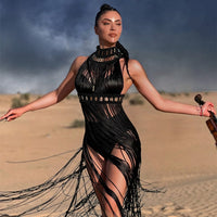 Womens Elegant Vintage Handwoven Tassel Maxi Dress