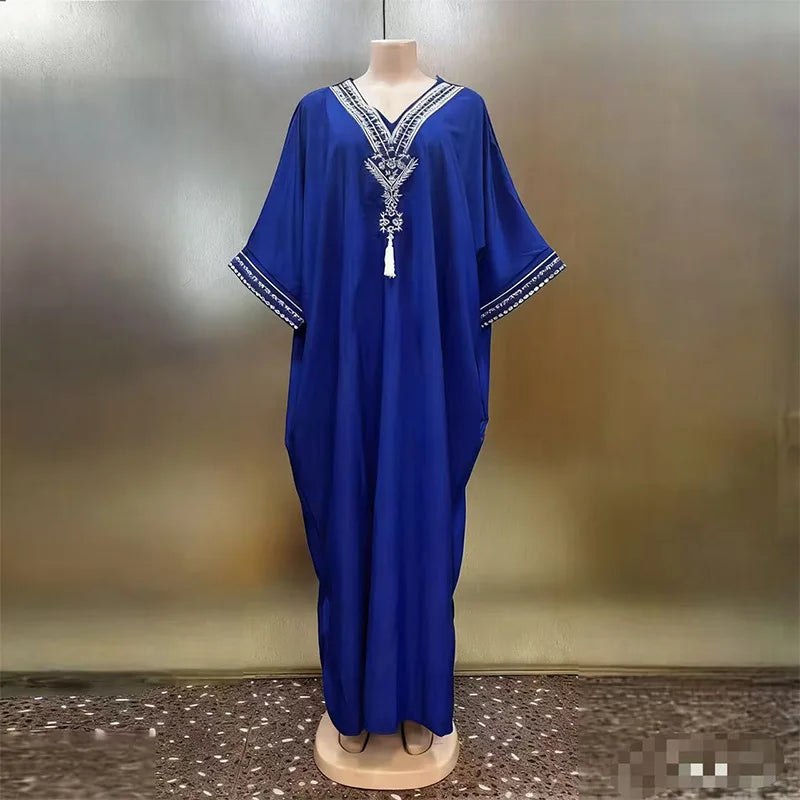 Middle Eastern Printed Abaya Women V-Neck Arab Ethnic Kaftan Muslim Maxi Dress Dubai Style Long Robe Islamic Traditional Gown