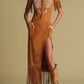 Western Retro Embroidered Brown Fringe Maxi Dress