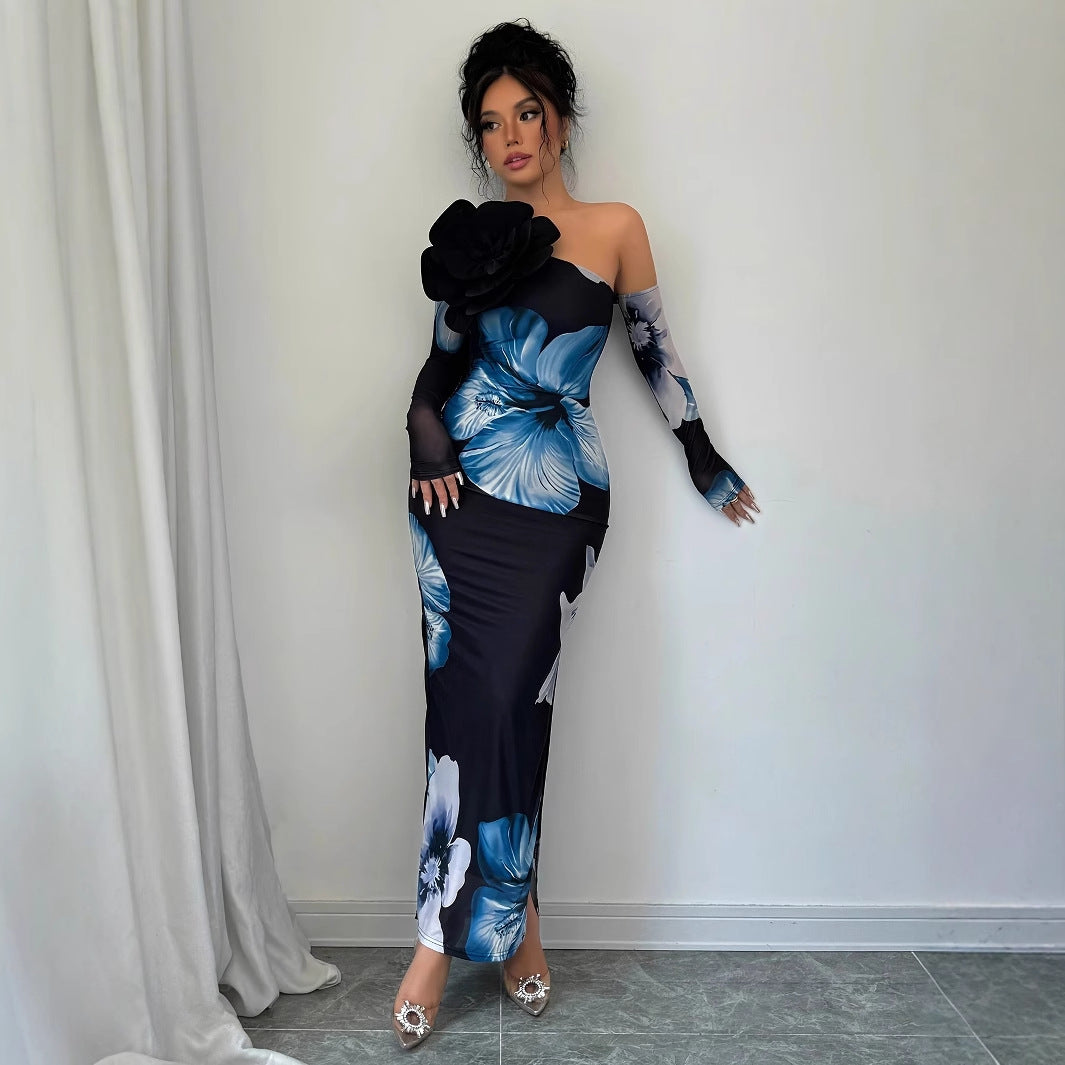 Women's One-shoulder Floral-print Mesh Maxi Dress
