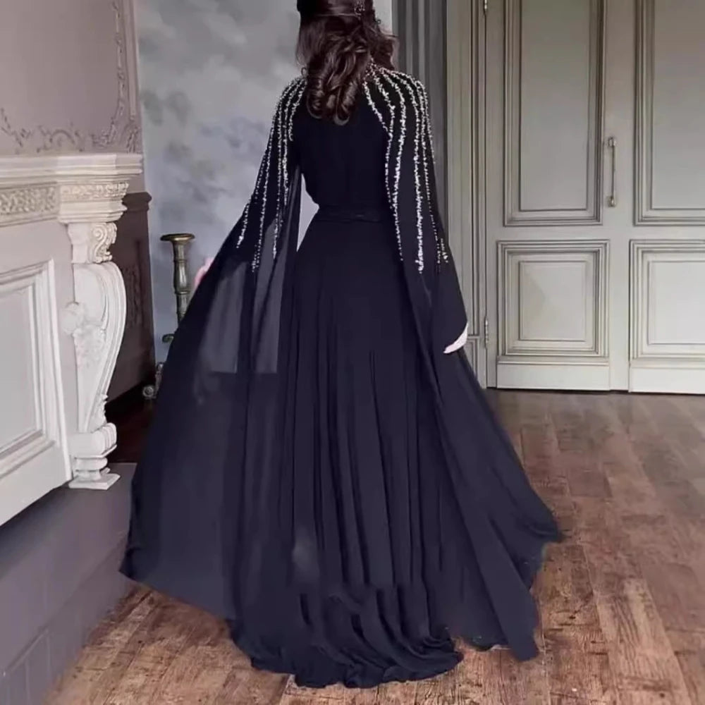 Modest Arabic Dubai Long Sleeves Evening Dress In Stock Silver Deatils A Line Formal Events Wear Classic High Neck Prom Gown