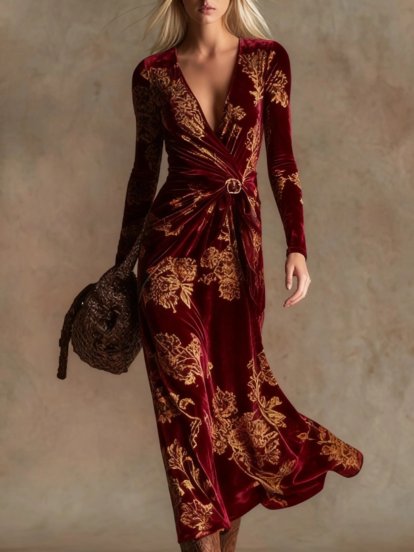 Womens V-neck Long-sleeve Maxi Dress