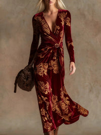 Womens V-neck Long-sleeve Maxi Dress