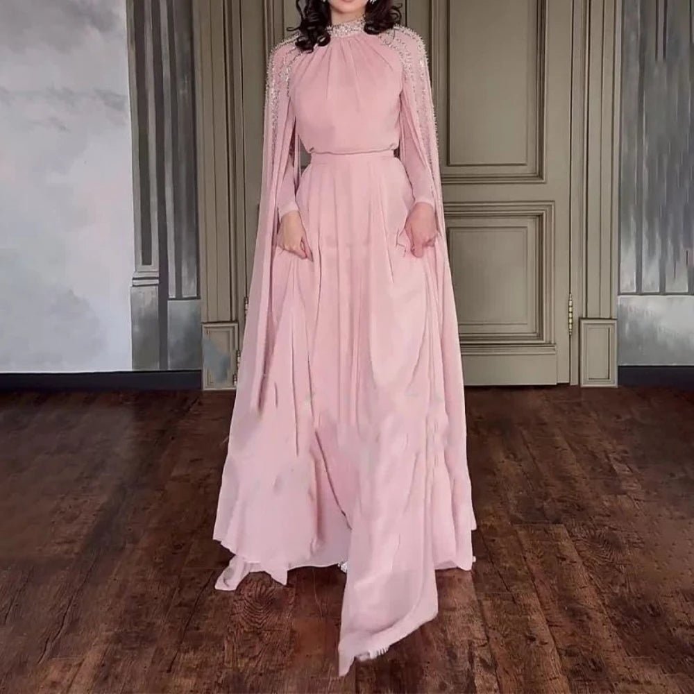 Modest Arabic Dubai Long Sleeves Evening Dress In Stock Silver Deatils A Line Formal Events Wear Classic High Neck Prom Gown