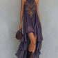 Purple Embroidered High-Neck Sleeveless Ruffle Hem Maxi Dress
