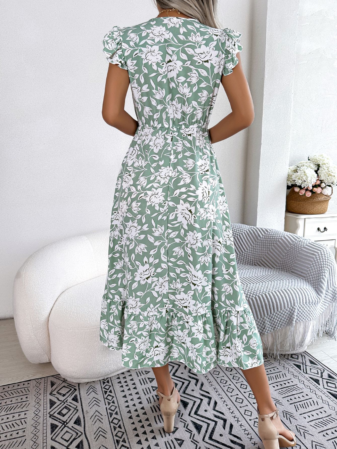 Women Casual Ruffle Trim Floral Print Tie Waist Maxi Vacation Dress