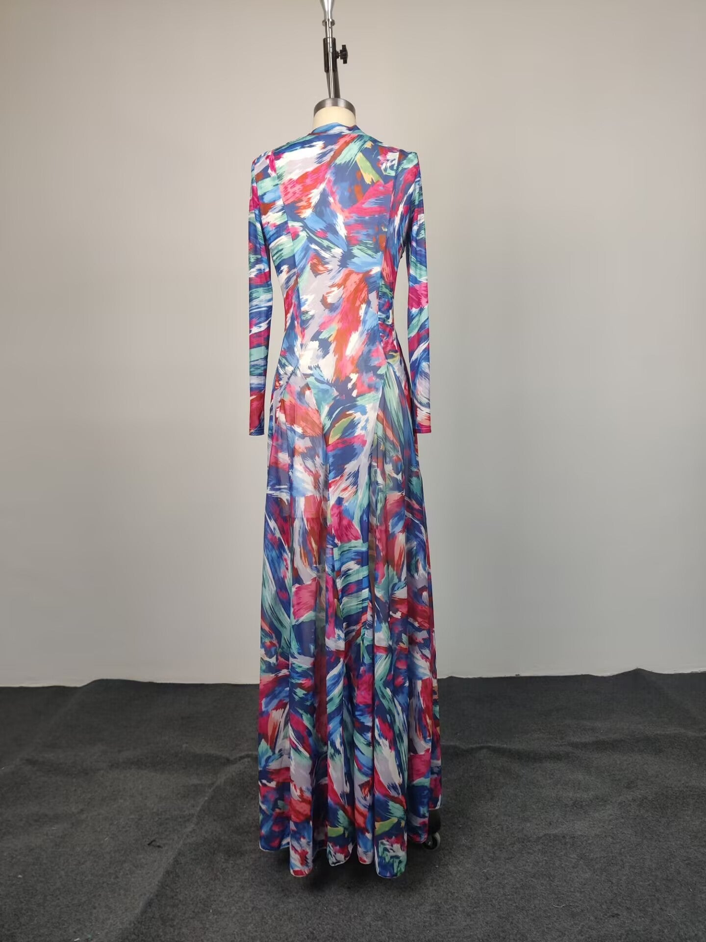 Multicolor Abstract Print Long Sleeve Maxi Dress