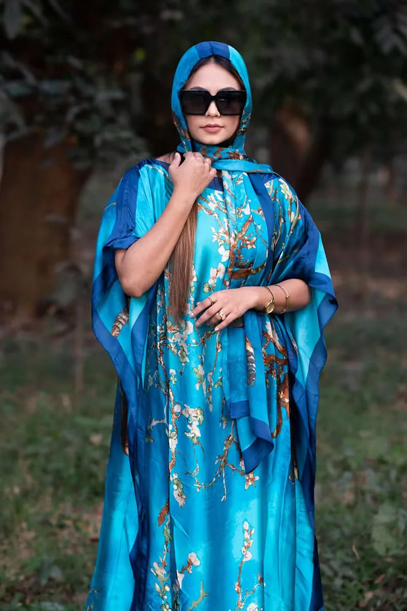 African Dresses For Women Plus Size Summer Boho Silk Printed Muslim Hijab Kaftan Dress Middle East Traditional Lady beach Abaya