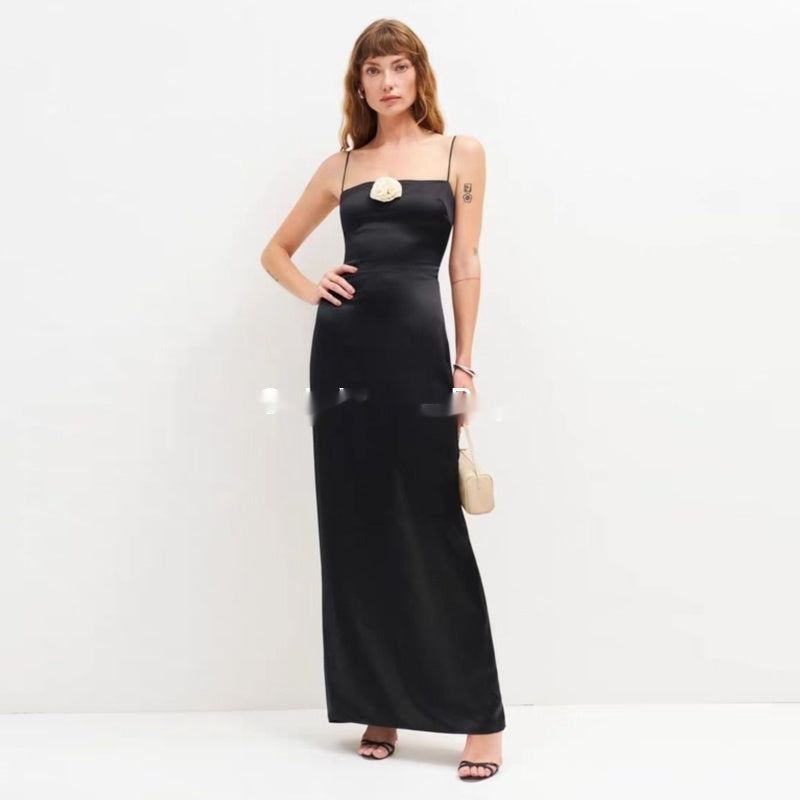 Floral Print Split Slit Silk Sleeveless Maxi Dress With Waist Tie For Women