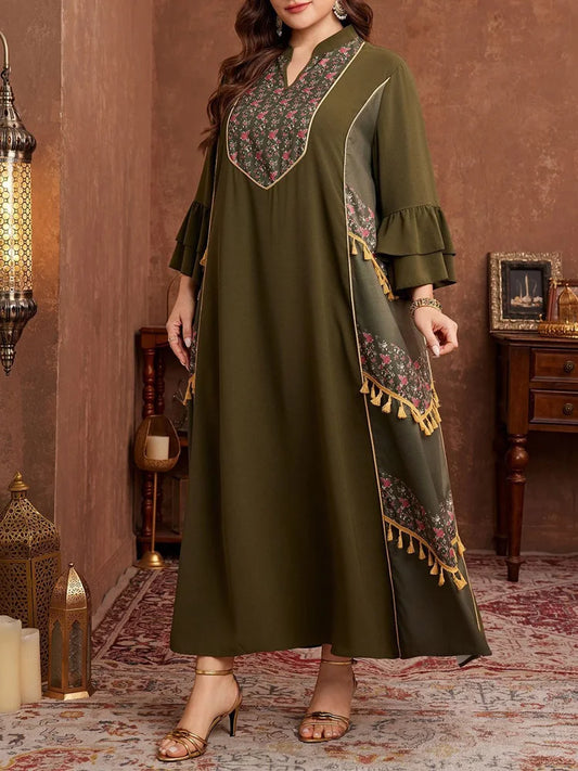 GIBSIE Plus Size Ethnic Style Print Tassel Abaya Dress Women Spring and Autumn Flared Sleeve Boho Loose Maxi Dresses 2026 New