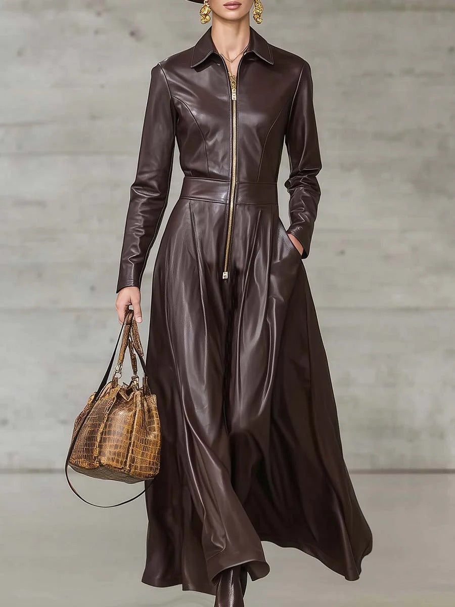European And American Leather Long-sleeved Maxi Dress