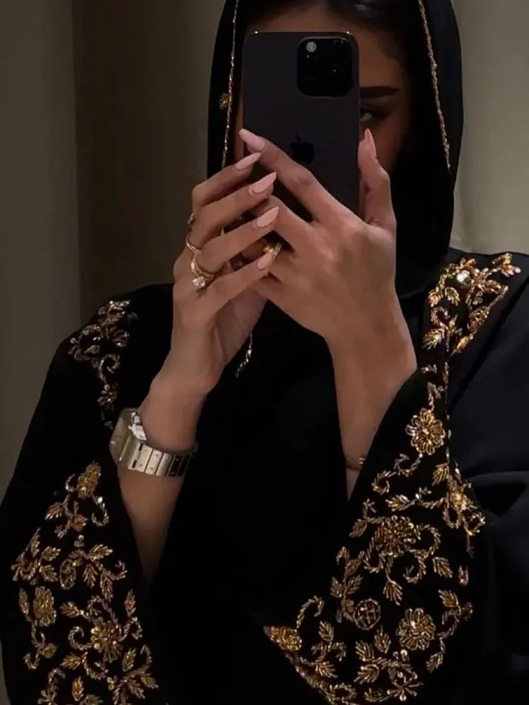 Luxury Abaya Embroidered Sequin Evening Abaya Long Sleeve Modest Abaya Middle Eastern Black Gown Hijab Friendly Party Wear