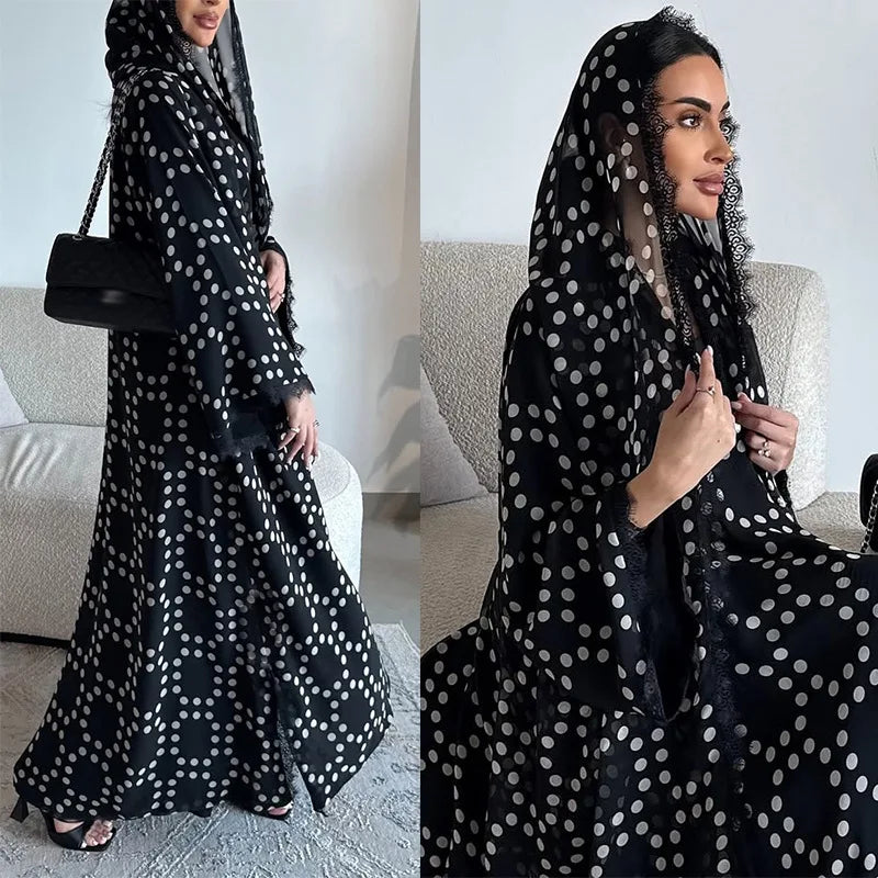 Eid Jalabiya Polka Dot Abaya Dubai Kaftan Muslim Woman Hijab Dress Kebaya Caftan Marocain Femme Robe Islam Clothing Ramadan Gown