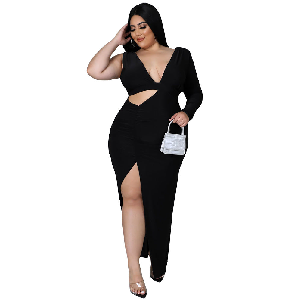 Solid-color Single-sleeve Sexy Hollow-out Maxi Dress