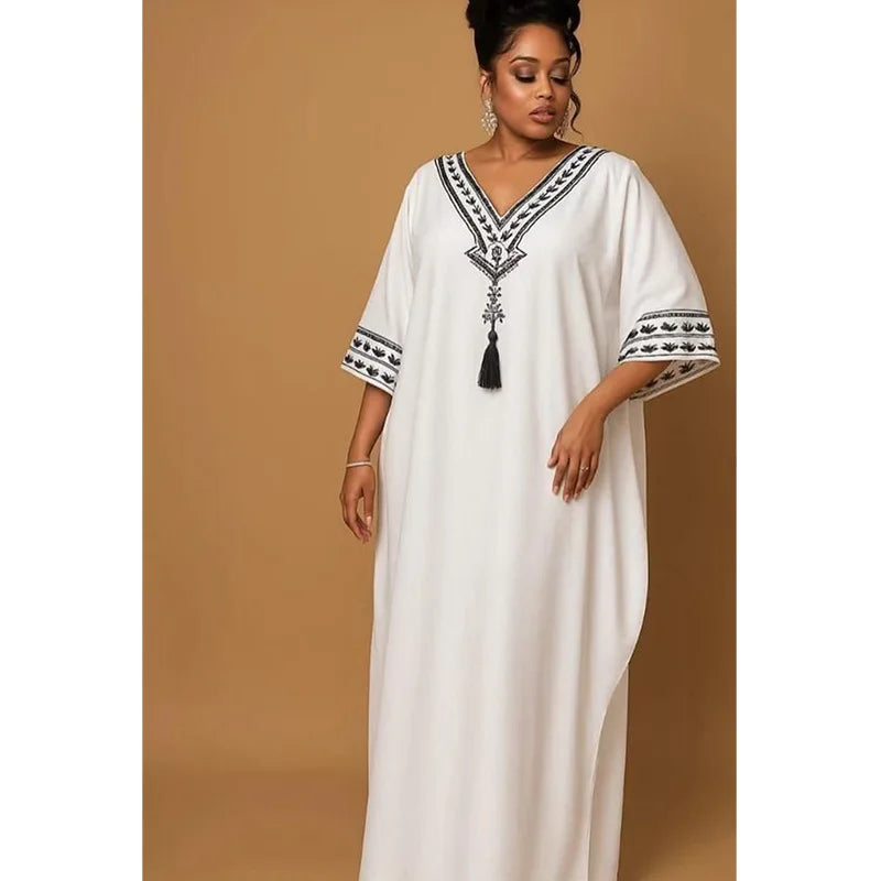 Middle Eastern Printed Abaya Women V-Neck Arab Ethnic Kaftan Muslim Maxi Dress Dubai Style Long Robe Islamic Traditional Gown
