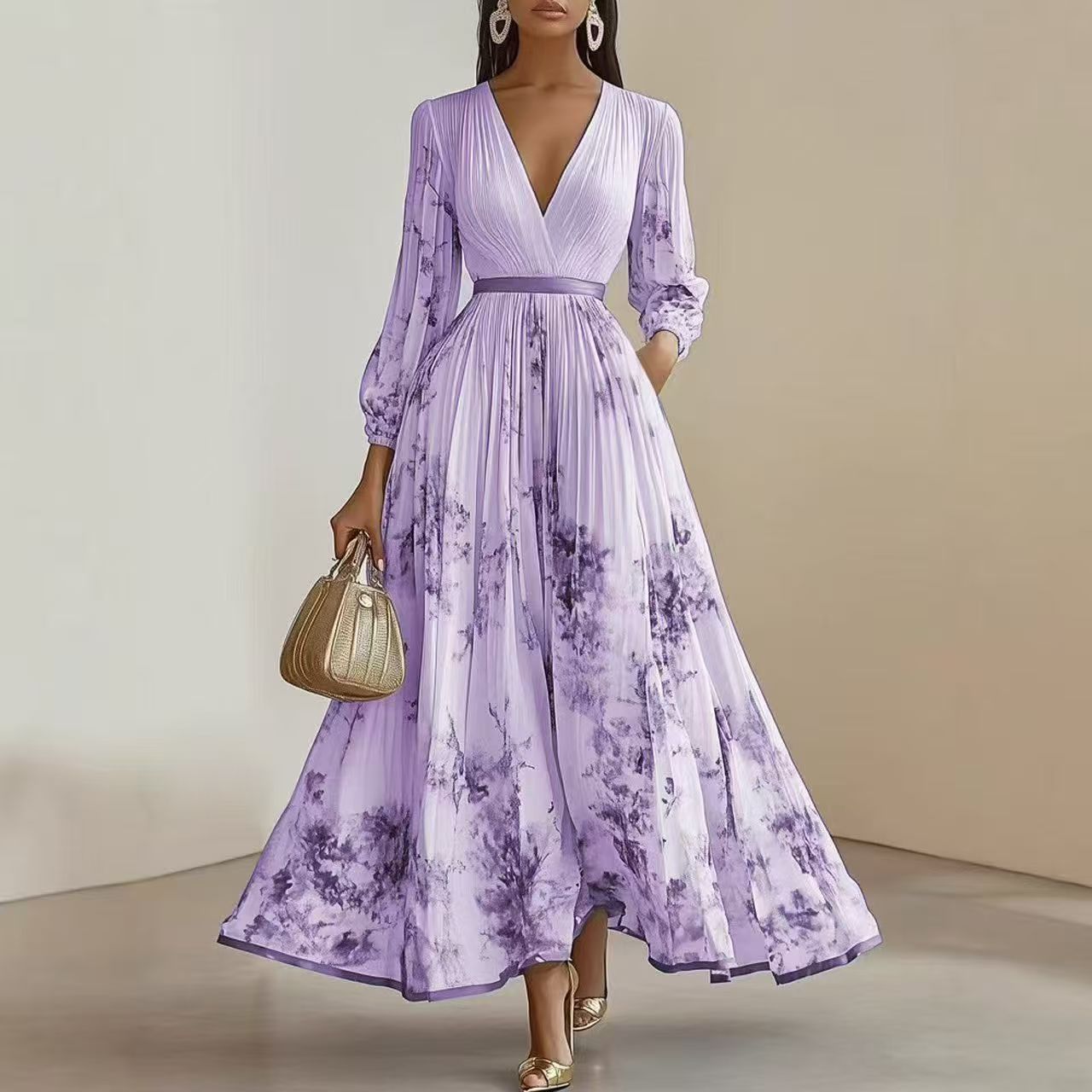 Elegant Pleated V-Neck Dress