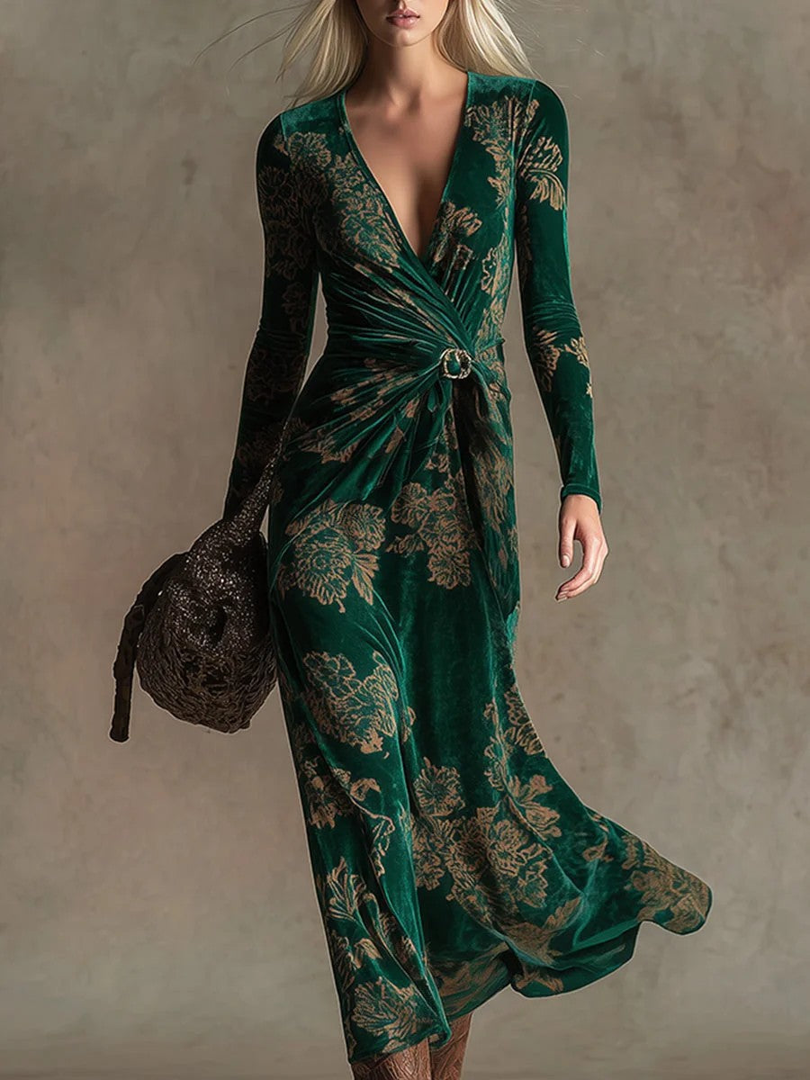 Womens V-neck Long-sleeve Maxi Dress