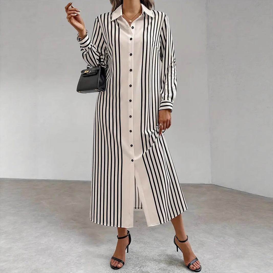 Women's Long Sleeve Striped Print Maxi Dress With Lapel