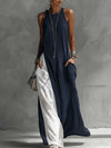 Women Strappy Maxi Dress A-line Vest Type Color Block Summer Beach Dress Loose Casual Halter Neck Pocket Side Split Long Dresses
