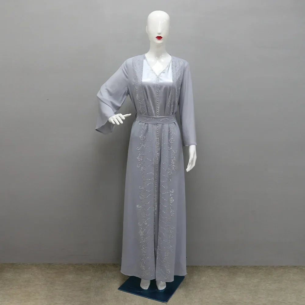 Autumn Fashion Muslim Dresses for Women Muslim Long Sleeve V-neck Party Evening Long Abay Dress Suit Inner and Abaya Outfits
