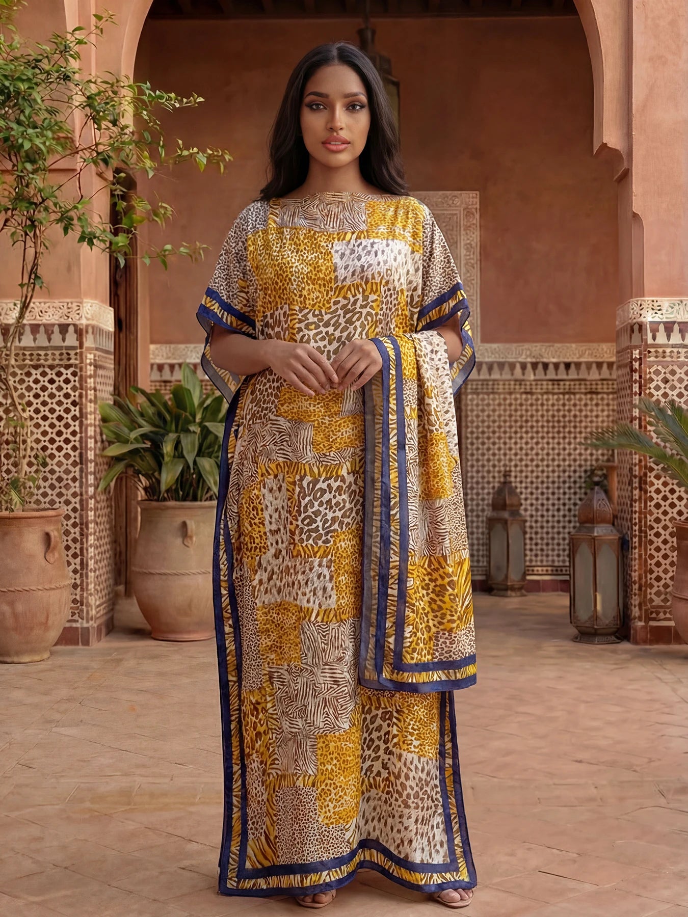 NEW Fashion Summer Dress With Big Scarf Dubai Turkey Kaftan Muslim Loose Abaya Women African Casual Leopard Print Shawl Robe