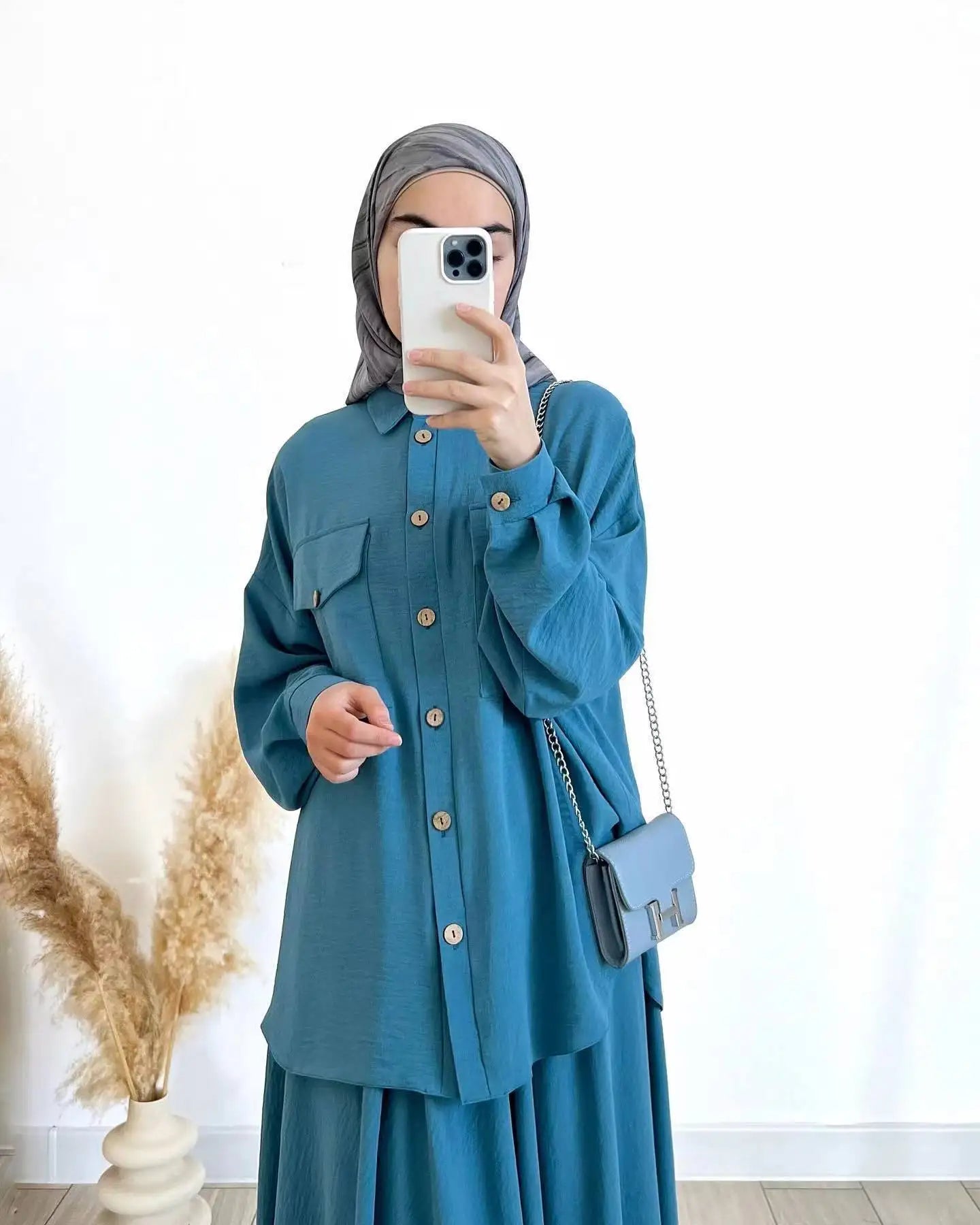 2-Piece Long Sleeve Shirt and Skirts Set for Women Elegant Abaya Dubai Turkey Islamic Casual Tops Monochromatic Skirt Fashion