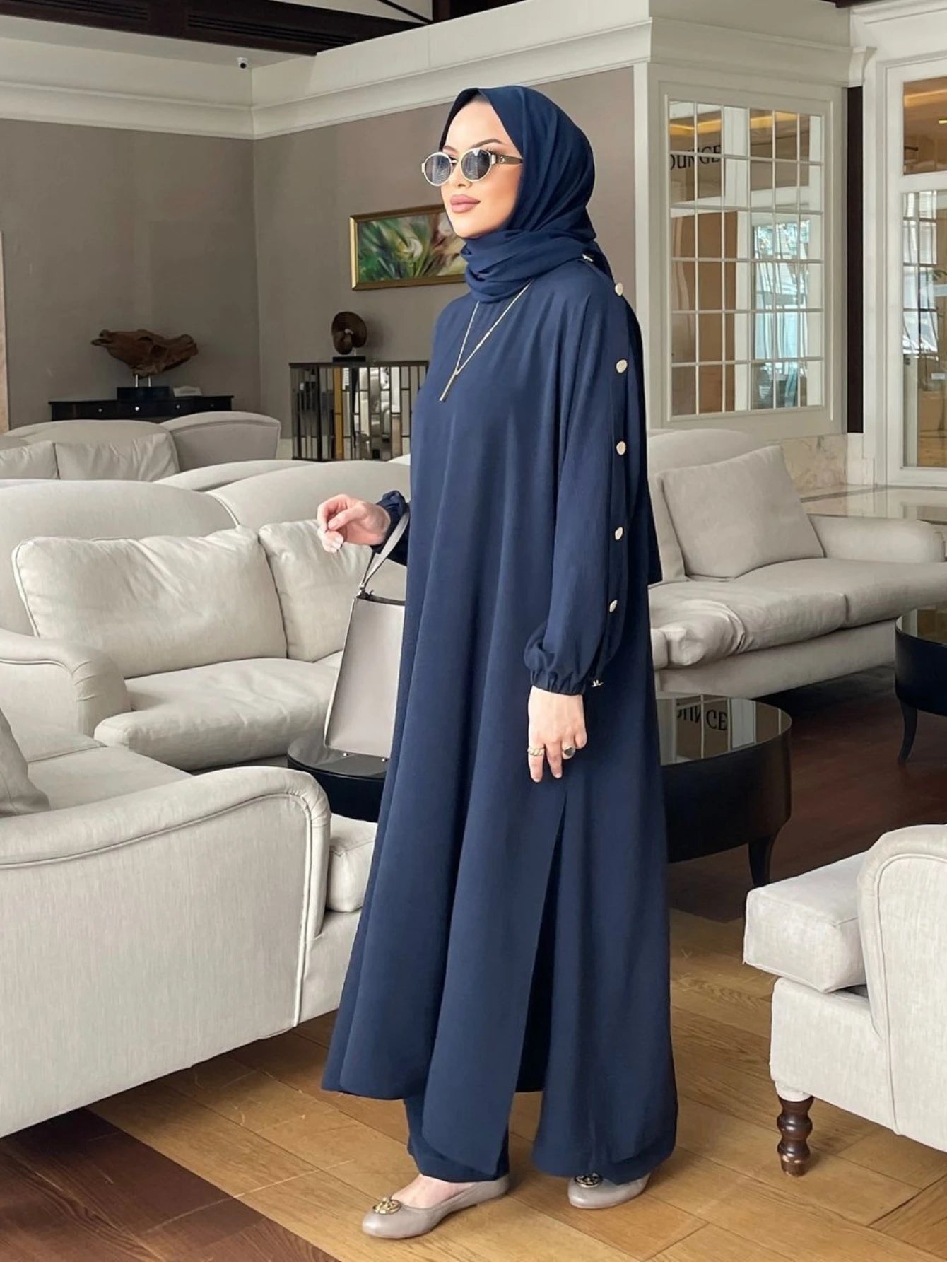 Muslim Dress for Women Blouse 2 Piece Set Long Sleeve Abaya Shirt Wide Leg Pant Suits Arabic Dubai Dresses Musulman Ensembles