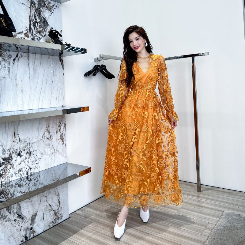 Gently Breezy Mesh Lace Embroidered Maxi Dress