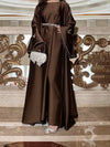 Muslim Women Abaya Dress 2 Piece Set Butterfly Satin Lace-up Morocco Caftan Inner Dress Musulman Ensembles Cadigan Outfit Suits